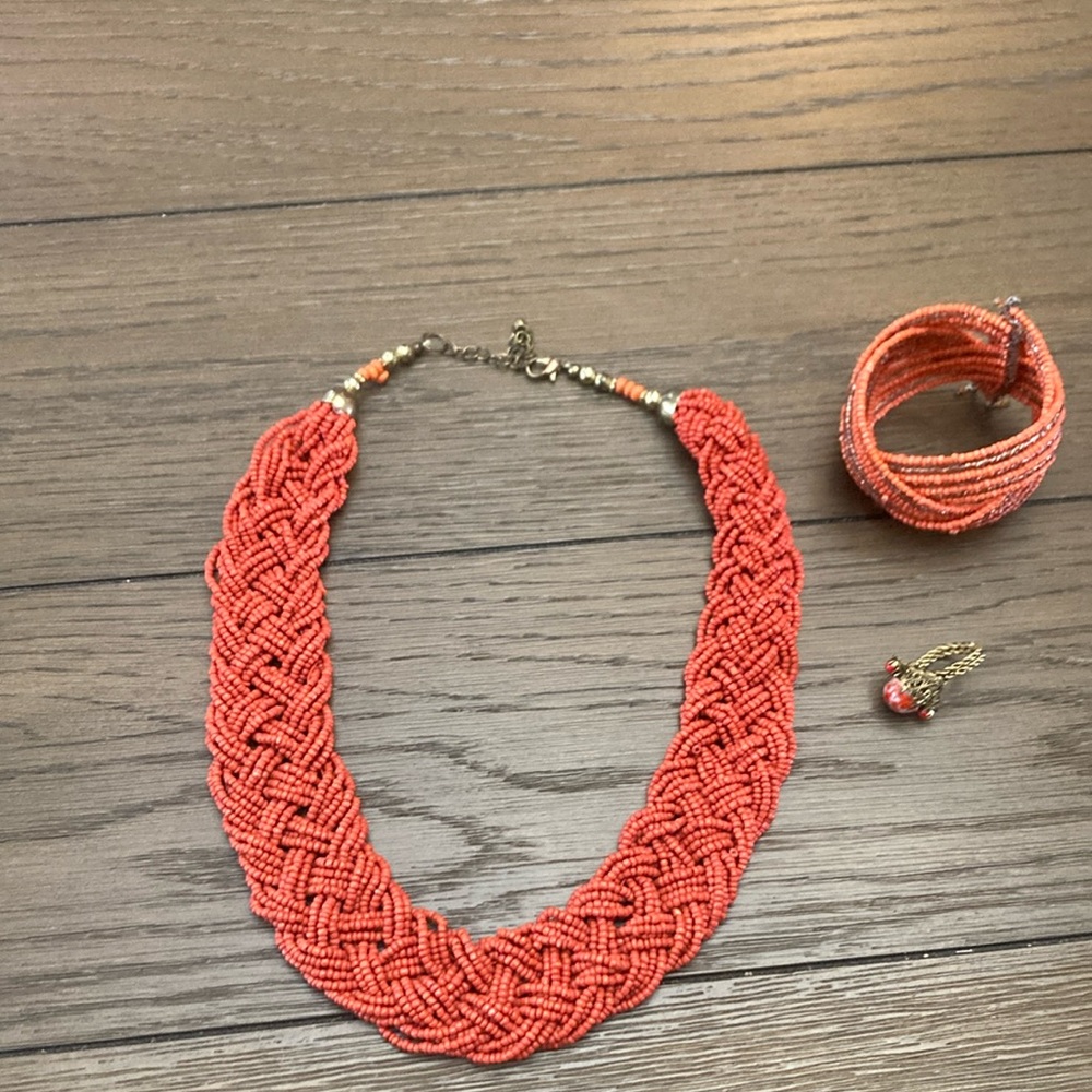 Coral Beaded Necklace, Bracelet and Ring Set